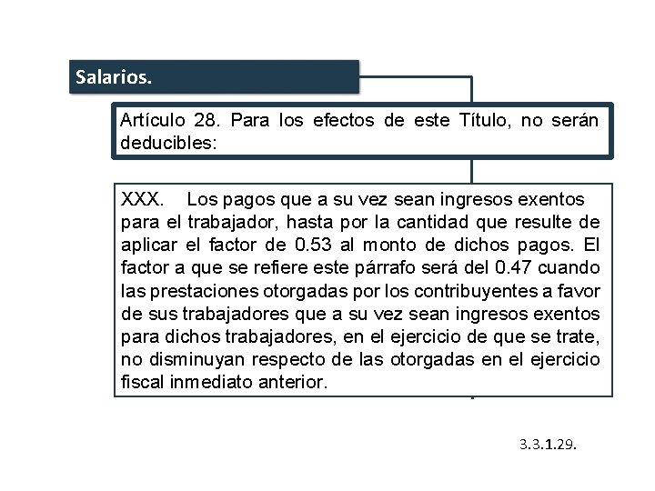 Salarios. Artículo 28. Para los efectos de este Título, no serán deducibles: XXX. Los