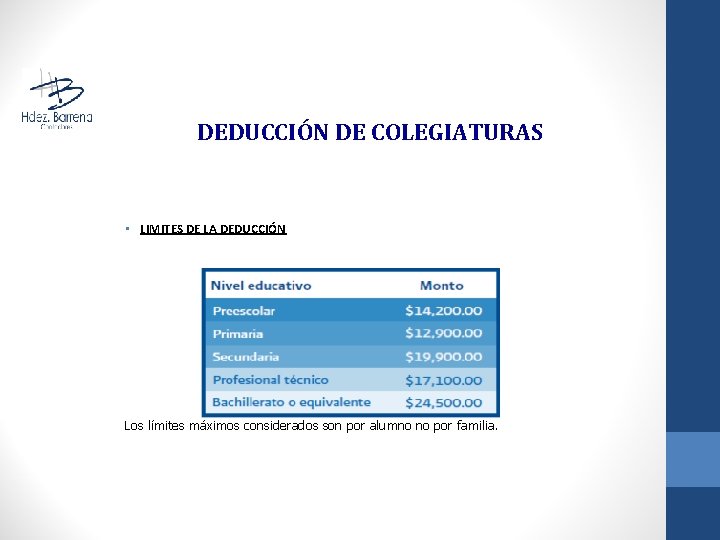 DEDUCCIÓN DE COLEGIATURAS • LIMITES DE LA DEDUCCIÓN Los límites máximos considerados son por