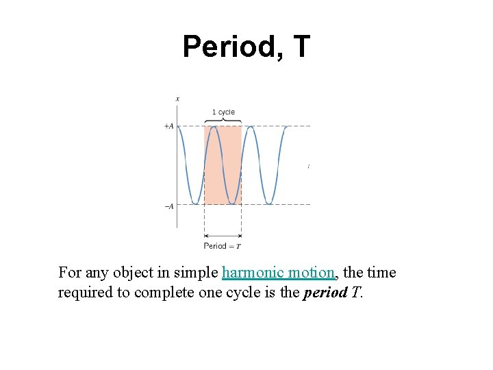 Period, T For any object in simple harmonic motion, the time required to complete