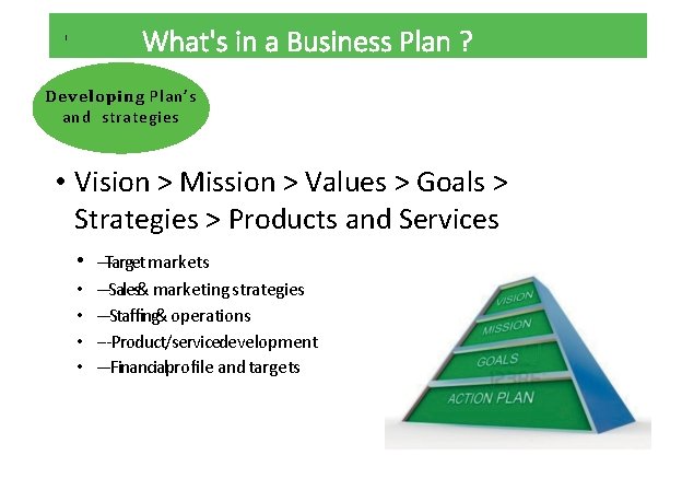 What's in a Business Plan ? Developing Plan’s and strategies • Vision > Mission