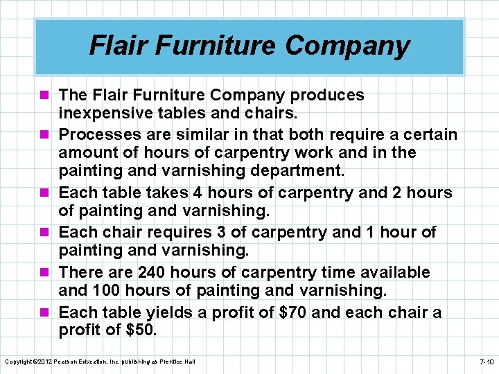 Flair Furniture Company n The Flair Furniture Company produces n n n inexpensive tables
