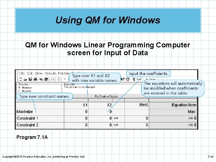 Using QM for Windows Linear Programming Computer screen for Input of Data Program 7.