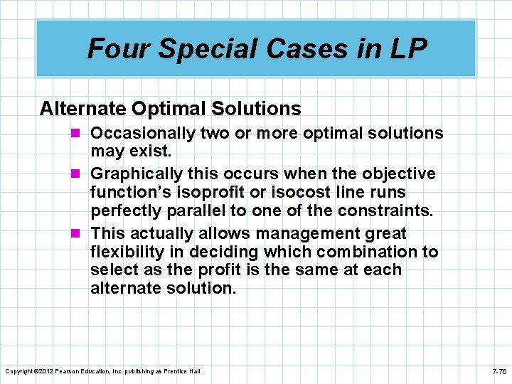 Four Special Cases in LP Alternate Optimal Solutions n Occasionally two or more optimal