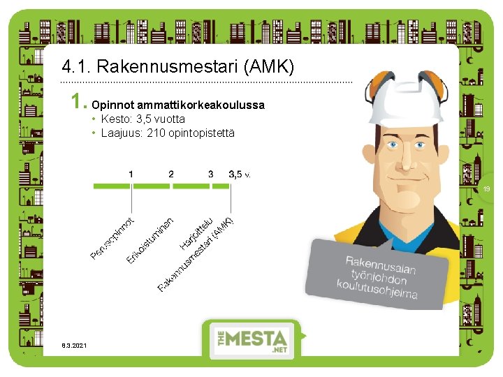 4. 1. Rakennusmestari (AMK) 1. Opinnot ammattikorkeakoulussa • Kesto: 3, 5 vuotta • Laajuus: