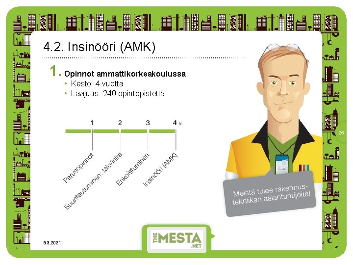 4. 2. Insinööri (AMK) 1. Opinnot ammattikorkeakoulussa • Kesto: 4 vuotta • Laajuus: 240