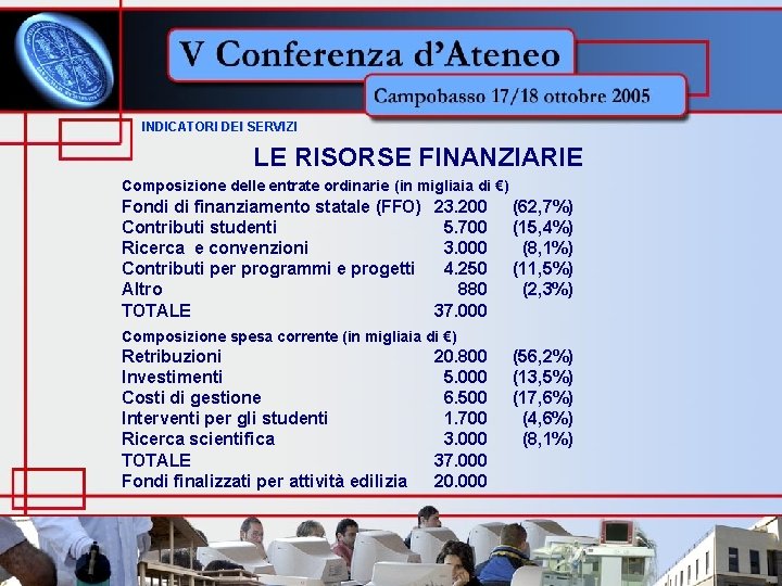 INDICATORI DEI SERVIZI LE RISORSE FINANZIARIE Composizione delle entrate ordinarie (in migliaia di €)