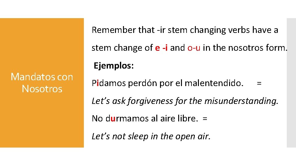 Remember that -ir stem changing verbs have a stem change of e -i and