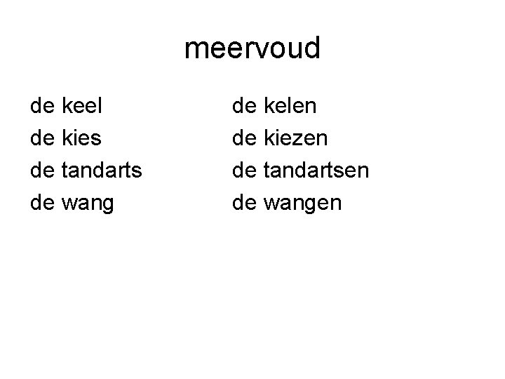 meervoud de keel de kies de tandarts de wang de kelen de kiezen de