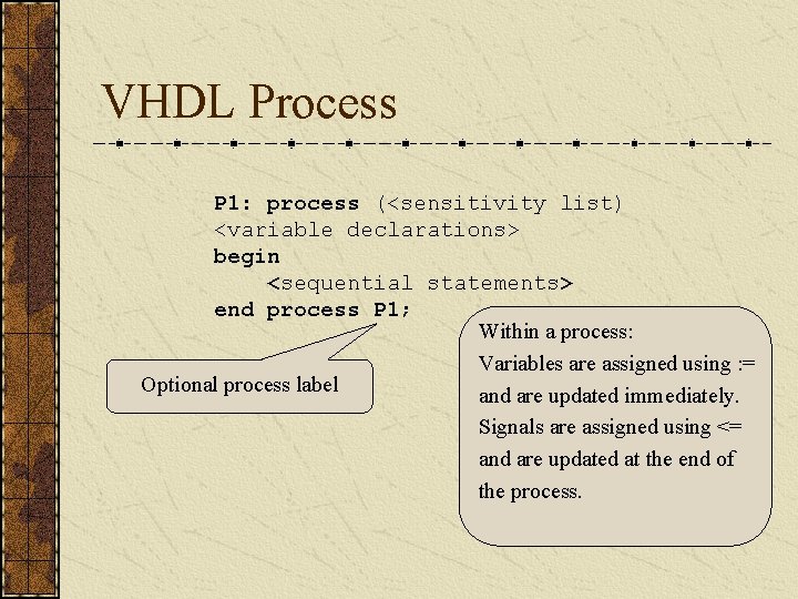 VHDL Process P 1: process (<sensitivity list) <variable declarations> begin <sequential statements> end process