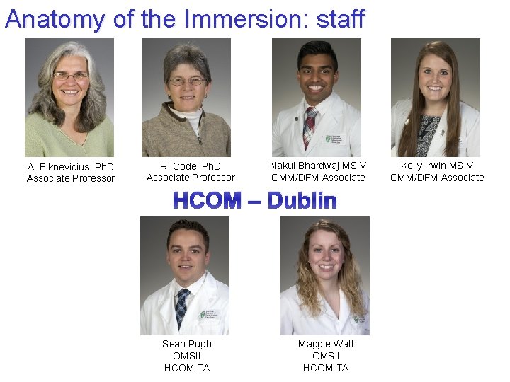 Anatomy of the Immersion: staff A. Biknevicius, Ph. D Associate Professor R. Code, Ph.