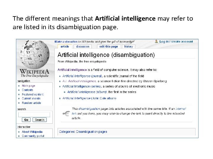 The different meanings that Artificial intelligence may refer to are listed in its disambiguation