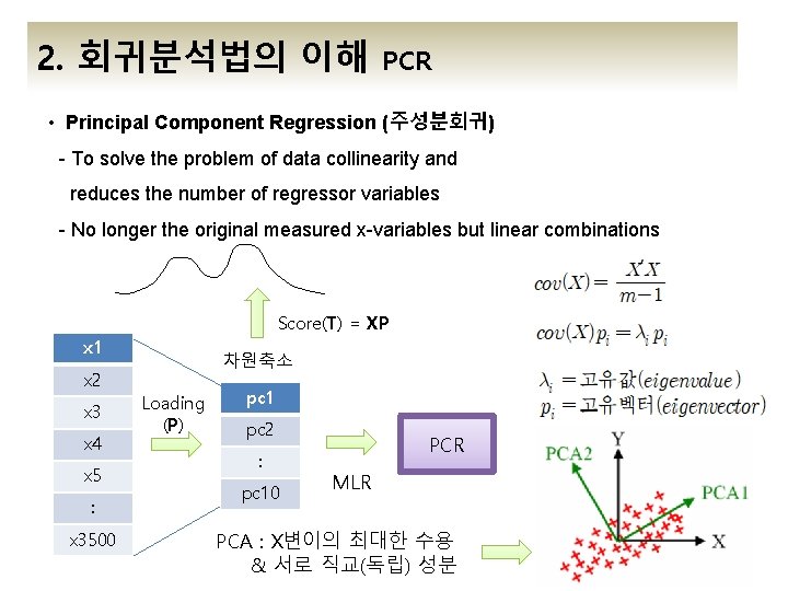 2. 회귀분석법의 이해 PCR • Principal Component Regression (주성분회귀) - To solve the problem 2. 회귀분석법의 이해 PCR • Principal Component Regression (주성분회귀) - To solve the problem