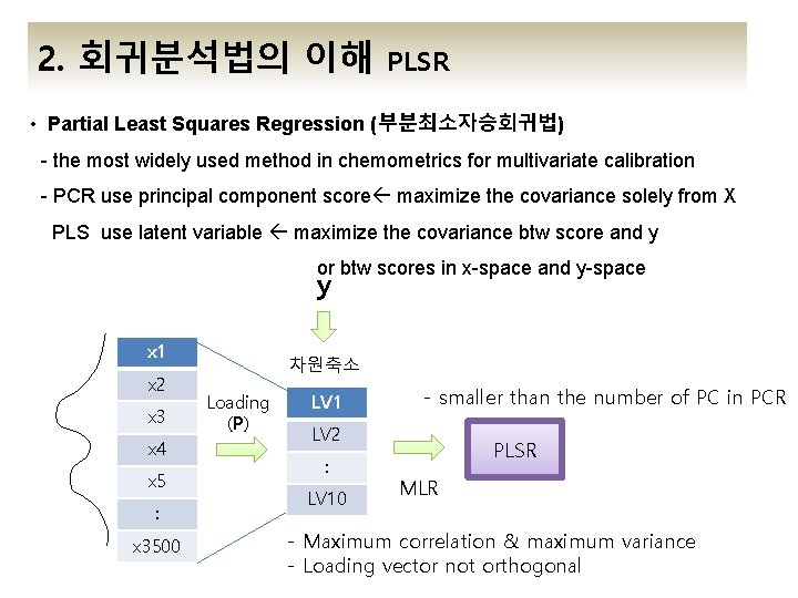 2. 회귀분석법의 이해 PLSR • Partial Least Squares Regression (부분최소자승회귀법) - the most widely 2. 회귀분석법의 이해 PLSR • Partial Least Squares Regression (부분최소자승회귀법) - the most widely