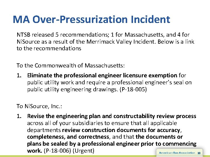 MA Over-Pressurization Incident NTSB released 5 recommendations; 1 for Massachusetts, and 4 for Ni.