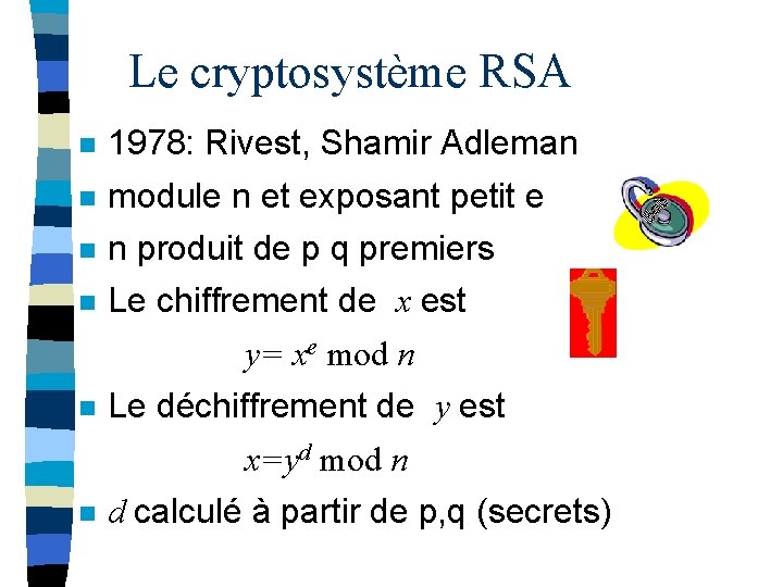 Le cryptosystème RSA n 1978: Rivest, Shamir Adleman n module n et exposant petit