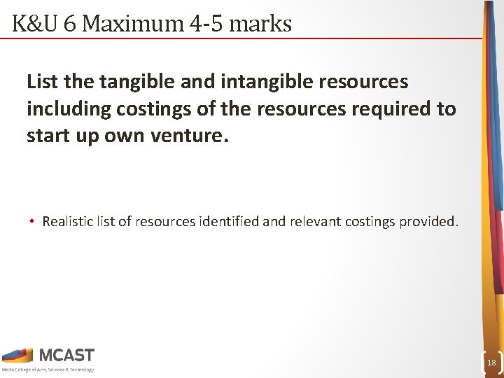 K&U 6 Maximum 4 -5 marks List the tangible and intangible resources including costings