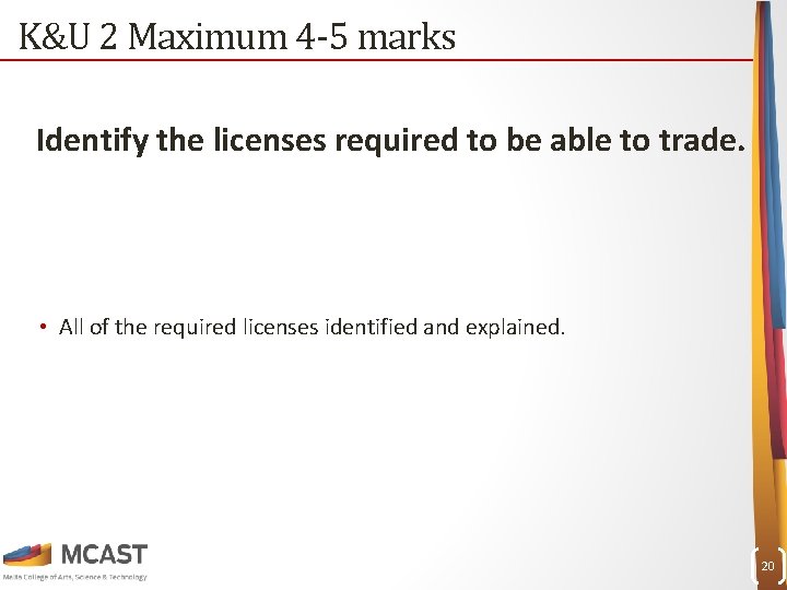 K&U 2 Maximum 4 -5 marks Identify the licenses required to be able to