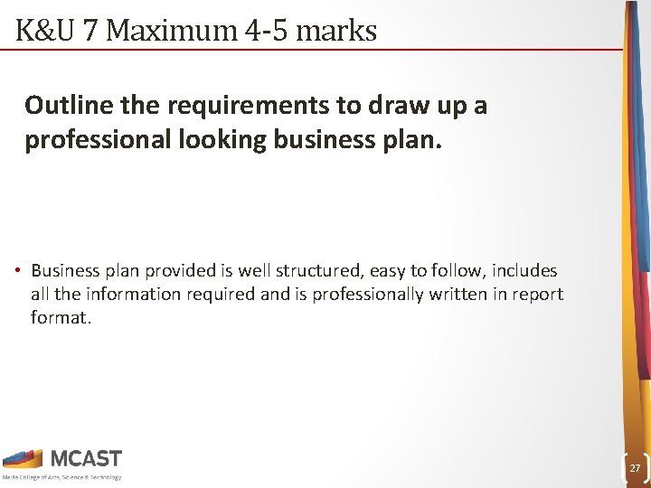 K&U 7 Maximum 4 -5 marks Outline the requirements to draw up a professional