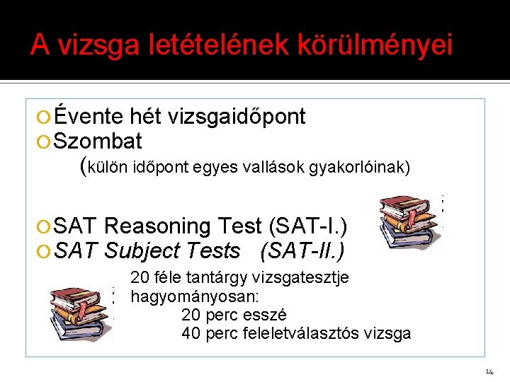 A vizsga letételének körülményei Évente hét Szombat vizsgaidőpont (külön időpont egyes vallások gyakorlóinak) SAT