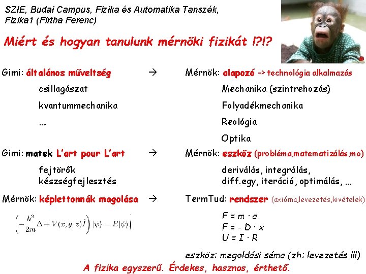 SZIE, Budai Campus, Fizika és Automatika Tanszék, Fizika 1 (Firtha Ferenc) Miért és hogyan