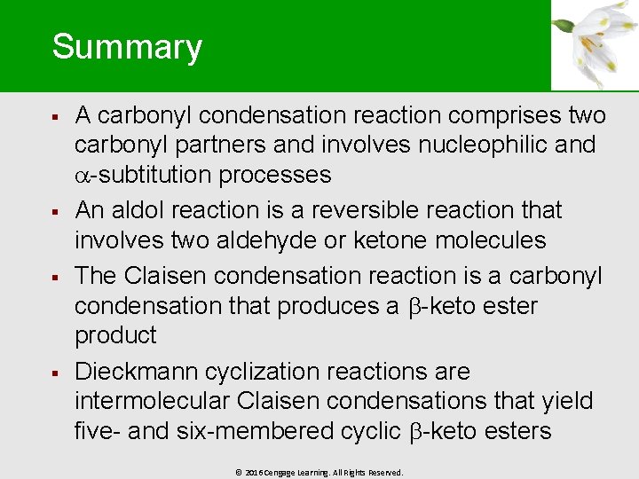 Summary § § A carbonyl condensation reaction comprises two carbonyl partners and involves nucleophilic