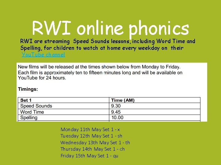 RWI online phonics RWI are streaming Speed Sounds lessons, including Word Time and Spelling,