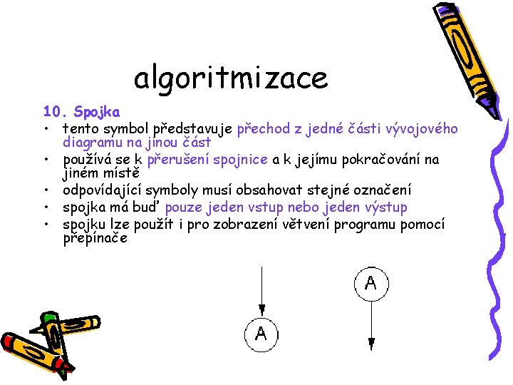 algoritmizace 10. Spojka • tento symbol představuje přechod z jedné části vývojového diagramu na
