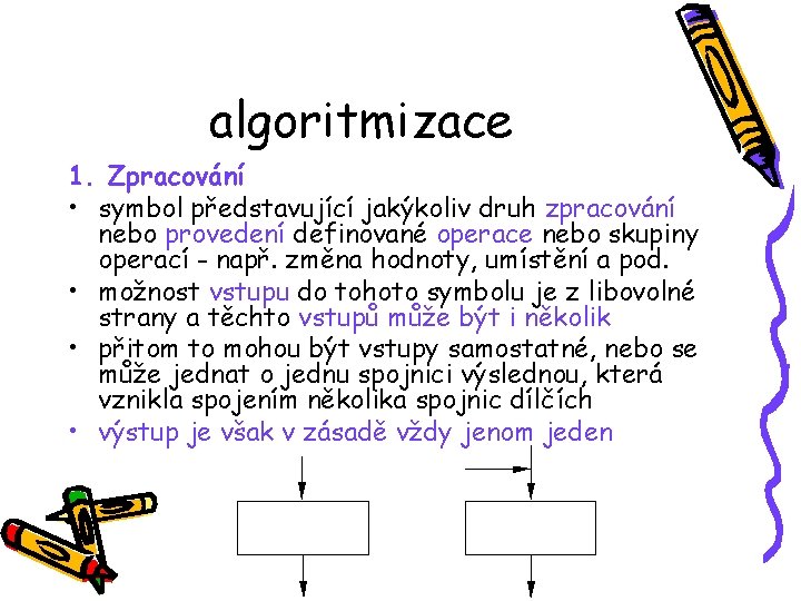 algoritmizace 1. Zpracování • symbol představující jakýkoliv druh zpracování nebo provedení definované operace nebo