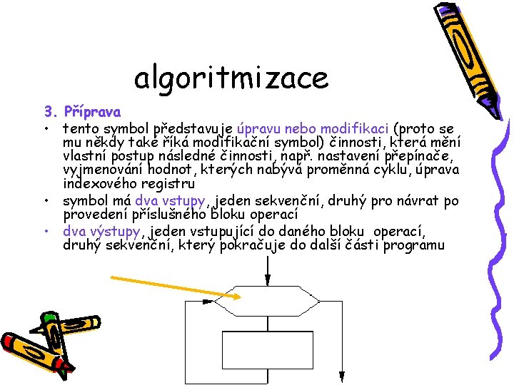 algoritmizace 3. Příprava • tento symbol představuje úpravu nebo modifikaci (proto se mu někdy