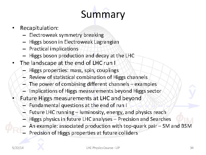 Summary • Recapitulation: – – Electroweak symmetry breaking Higgs boson in Electroweak Lagrangian Practical