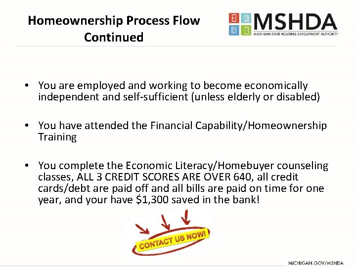Homeownership Process Flow Continued • You are employed and working to become economically independent Homeownership Process Flow Continued • You are employed and working to become economically independent