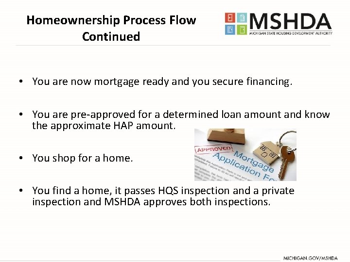 Homeownership Process Flow Continued • You are now mortgage ready and you secure financing. Homeownership Process Flow Continued • You are now mortgage ready and you secure financing.
