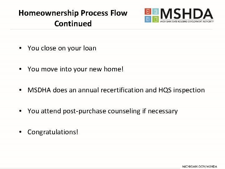 Homeownership Process Flow Continued • You close on your loan • You move into Homeownership Process Flow Continued • You close on your loan • You move into