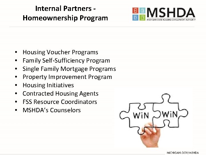 Internal Partners Homeownership Program • • Housing Voucher Programs Family Self-Sufficiency Program Single Family Internal Partners Homeownership Program • • Housing Voucher Programs Family Self-Sufficiency Program Single Family