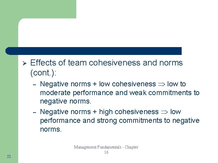 Ø Effects of team cohesiveness and norms (cont. ): – – 21 Negative norms