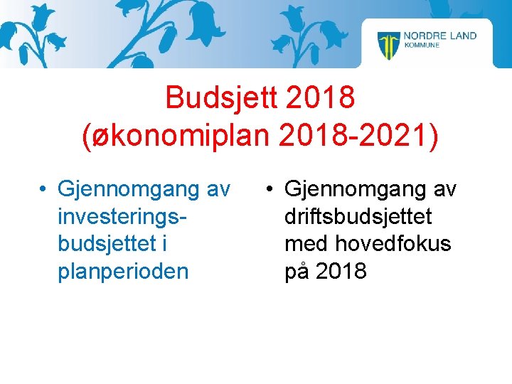 Budsjett 2018 (økonomiplan 2018 -2021) • Gjennomgang av investeringsbudsjettet i planperioden • Gjennomgang av