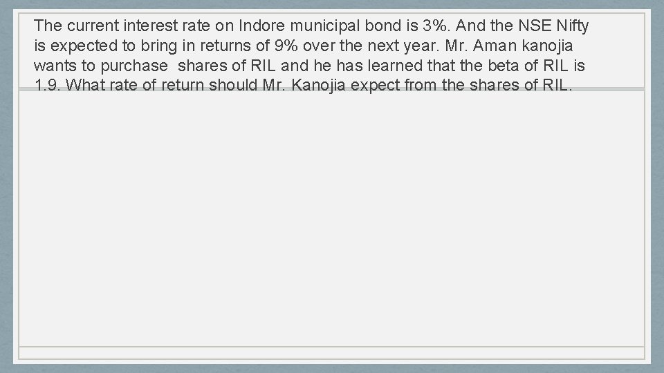 The current interest rate on Indore municipal bond is 3%. And the NSE Nifty