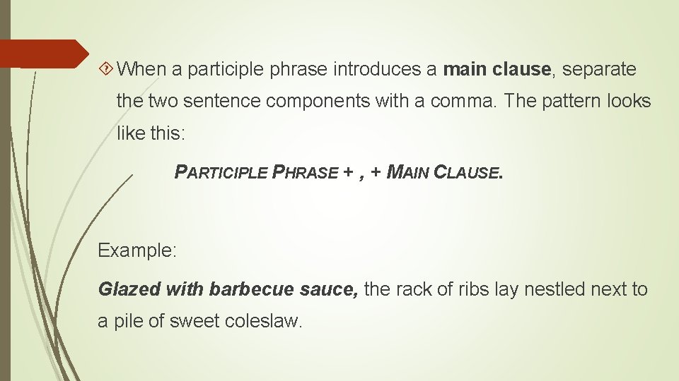  When a participle phrase introduces a main clause, separate the two sentence components