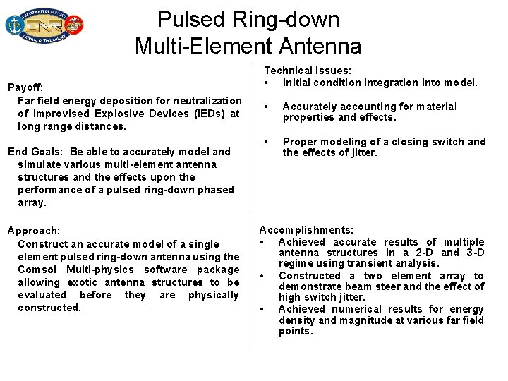 Pulsed Ring-down Multi-Element Antenna Payoff: Far field energy deposition for neutralization of Improvised Explosive