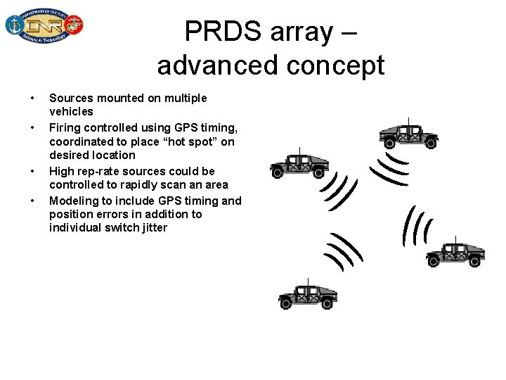 PRDS array – advanced concept • • Sources mounted on multiple vehicles Firing controlled