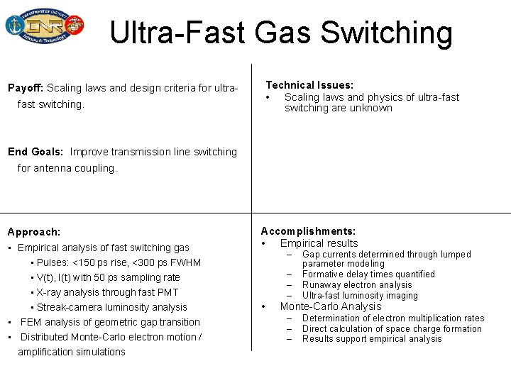 Ultra-Fast Gas Switching Technical Issues: • Scaling laws and physics of ultra-fast switching are