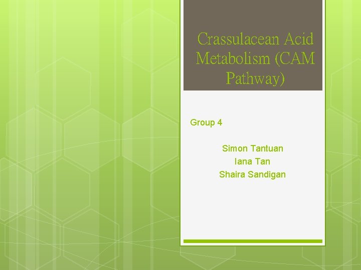 Crassulacean Acid Metabolism (CAM Pathway) Group 4 Simon Tantuan Iana Tan Shaira Sandigan 