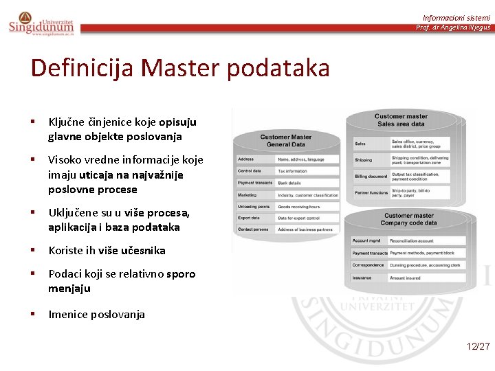 Informacioni sistemi Prof. dr Angelina Njeguš Definicija Master podataka § Ključne činjenice koje opisuju