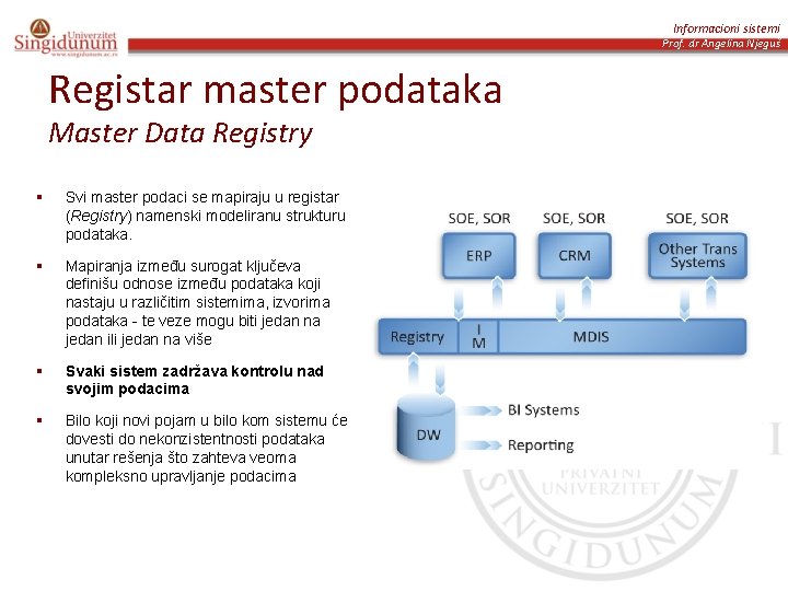 Informacioni sistemi Prof. dr Angelina Njeguš Registar master podataka Master Data Registry § Svi Informacioni sistemi Prof. dr Angelina Njeguš Registar master podataka Master Data Registry § Svi