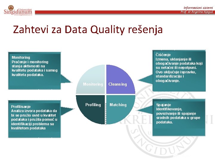 Informacioni sistemi Prof. dr Angelina Njeguš Zahtevi za Data Quality rešenja Monitoring Praćenje i