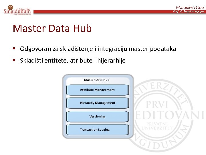 Informacioni sistemi Prof. dr Angelina Njeguš Master Data Hub § Odgovoran za skladištenje i