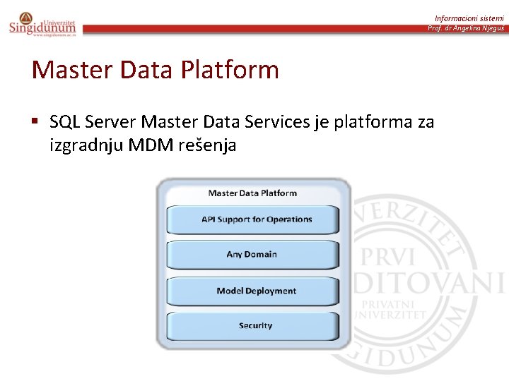 Informacioni sistemi Prof. dr Angelina Njeguš Master Data Platform § SQL Server Master Data