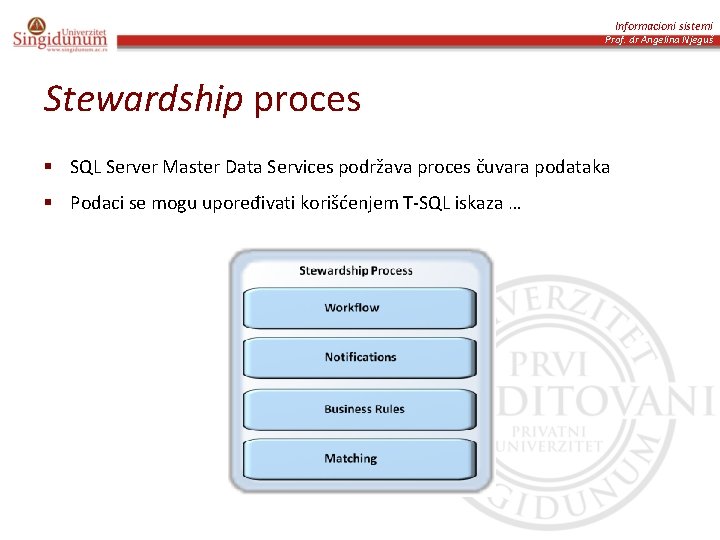 Informacioni sistemi Prof. dr Angelina Njeguš Stewardship proces § SQL Server Master Data Services