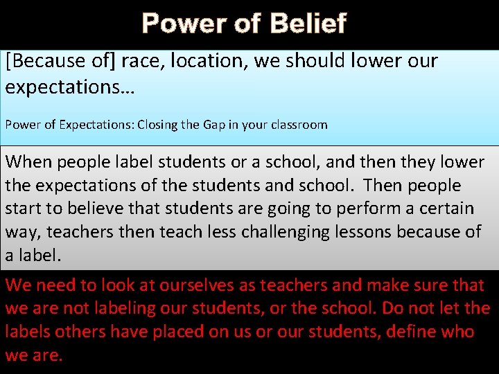 Power of Belief [Because of] race, location, we should lower our expectations… Power of