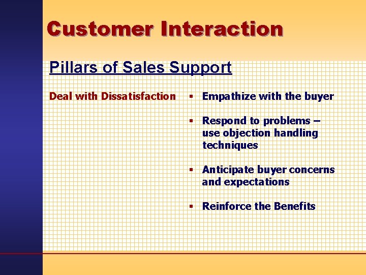 Customer Interaction Pillars of Sales Support Deal with Dissatisfaction § Empathize with the buyer